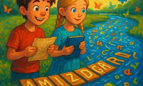 Tiago, um garoto de 10 anos com cabelos castanhos despenteados e olhos brilhantes de curiosidade, está à beira de um rio de letras cintilantes. Com um sorriso misterioso, ele segura um velho pedaço de papel. Ao seu lado, Inês, uma menina de 10 anos com tranças loiras e olhos azuis brilhantes, observa o rio fascinada, segurando um caderno imaginário. Eles estão em uma margem verdejante onde palavras flutuam no ar como borboletas coloridas. O rio é feito de letras dançantes e frases que ondulam como ondas, refletindo a luz do sol. A cena principal mostra Tiago e Inês construindo uma ponte de palavras sobre o rio, usando tábuas feitas de palavras como 