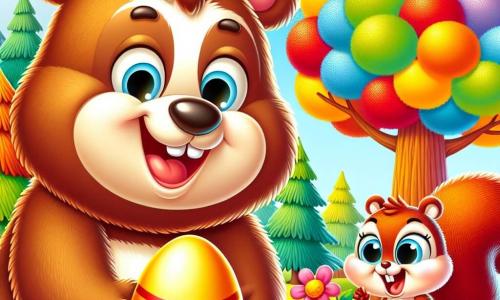 Benny, a fluffy brown bear with a big smile and sparkling eyes full of excitement, is searching for his golden egg under a colorful tree. Next to him, Sally, a small squirrel with reddish fur and bright eyes, jumps for joy while holding a flower in her paws, showing her enthusiasm.