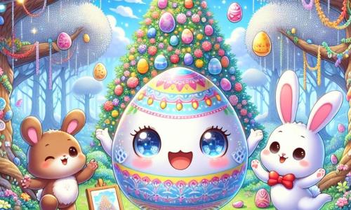 Eggy, un uovo di Pasqua colorato con occhi scintillanti e un grande sorriso, si trova al centro della scena, con le braccia aperte con entusiasmo, circondato da colori vivaci e fiori brillanti. Alla sua destra, un piccolo coniglio bianco con grandi orecchie e un papillon rosso salta gioiosamente, con gli occhi brillanti di felicità mentre tiene una piccola pittura tra le zampe. A sinistra, un altro coniglio, marrone con macchie bianche, guarda Eggy con ammirazione, le guance rosa tradiscono la sua eccitazione. La scena si svolge nella Valle dei Sogni, un luogo incantevole con alberi dalle foglie argentate scintillanti, un cielo blu chiaro punteggiato di nuvole a forma di caramelle, e un grande albero di Pasqua al centro, decorato con uova colorate e ghirlande luminose. Eggy e i suoi amici conigli celebrano la magia di Pasqua, ridendo e giocando insieme sotto l'albero, mentre uova colorate sono sparse intorno a loro, creando un'atmosfera gioiosa e festosa.