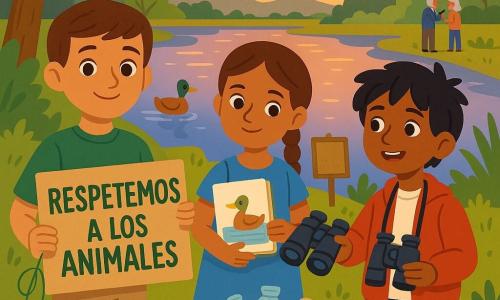 Hay tres niños: un niño de unos 10 años con pelo castaño corto, camiseta verde y pantalón beige, sosteniendo un cartel plegado que dice 