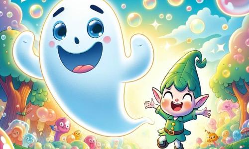 Um fantasma alegre chamado Gasparzinho flutua no ar, com um rosto sorridente e olhos brilhantes de travessura. Ele é translúcido, com contornos suaves e um leve brilho azulado, fazendo caretas enquanto dá piruetas no céu. Ao seu lado, Pipoca, um pequeno duende de 8 anos, com cabelos desgrenhados e orelhas pontudas, usa um chapéu verde em forma de folha. Ele pula de alegria, com os braços levantados e um grande sorriso no rosto, olhando para Gasparzinho com admiração. A cena acontece no Bosque das Bolhas, um lugar mágico onde as árvores são feitas de gelatina colorida e bolhas flutuam no ar, refletindo cores vivas sob um céu ensolarado. Rios de suco de frutas serpenteiam entre as árvores, e flores dançam ao ritmo do vento. Nesta ilustração, Gasparzinho e Pipoca celebram a reencontrada do chapéu mágico de Pipoca, cercados por bolhas cintilantes que criam uma atmosfera alegre e festiva.