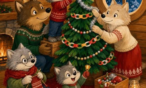 Jonge wolf (antropomorf, zacht grijs vachtje, glanzende ronde ogen) staat op een houten kistje en hangt een zilveren slinger bovenin een kleine groene kerstboom; mama wolf (volwassen, crèmekleurige vacht, tedere blik) houdt de slinger en helpt, papa wolf (volwassen, bruine vacht, rustige glimlach) ondersteunt het kistje en kijkt beschermend; oma wolf (oud, kleine rode sjaal, ronde bril) breit een sjaaltje en kijkt toe, zittend bij het vuur; babywolfje (heel klein, donzig, grote ogen) zwaait lachend met een gouden belletje op de grond; interieur: warme houten hol met lichte houten vloer, rood wollen kleed, kaarsjes in glazen potjes, ronde raam met vallende sneeuwvlokken; scène: gezellige familiesfeer bij het versieren van de kleine dennenboom met papieren slingers, kralen en een zilveren topversiering, warme verlichting en zachte contrasten in rood, groen, zilver en natuurtinten.