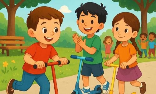 Mateo, 8 años, rostro redondo, pelo castaño corto, ojos brillantes, alegre y concentrado, sostiene un patinete rojo y avanza con seguridad; Lucas, 9 años, pelo negro despeinado y sonrisa confiada, va ligeramente adelantado empujando su patinete azul y aplaudiendo; Ana, 7 años, cabellos largos trenzados, tímida que sonríe, la sigue en un patinete amarillo con los brazos algo levantados para mantener el equilibrio; un grupo diverso de niños (6–10 años) anima al fondo; parque soleado con camino de asfalto, árboles, césped con flores y banderines; pequeña carrera amistosa de patinetes, movimiento, polvo leve y ambiente alegre y dinámico.