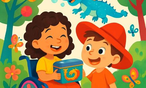 Ci sono 3 personaggi: - Livia: una ragazza di 8 anni con capelli ricci color cioccolato, seduta in una sedia a rotelle decorata con motivi colorati. Sorride felicemente mentre tiene una scatola di metallo decorata con un drago. - Tommaso: un ragazzo di 7 anni con occhi nocciola e lentiggini sul naso, indossa un grande cappello rosso. È in piedi accanto a Livia, con gli occhi brillanti di eccitazione. - Ugolino: un piccolo drago blu con squame scintillanti e bolle di sapone che escono dal naso. Fluttua felicemente sopra Livia e Tommaso, aggiungendo un tocco magico alla scena. La scena si svolge in un giardino incantato, pieno di alberi dai tronchi colorati e fiori brillanti che danzano al vento. Farfalle dai colori vivaci volano intorno a loro, mentre un grande albero con foglie a forma di caramelle si erge maestosamente sullo sfondo. Livia e Tommaso, entrambi stupiti, stanno aprendo la scatola di metallo. All'interno appare una foto magica dell'infanzia del padre di Livia, scintillante di colori vivaci e movimenti, mentre Ugolino, il drago, si diverte a fare bolle intorno a loro.