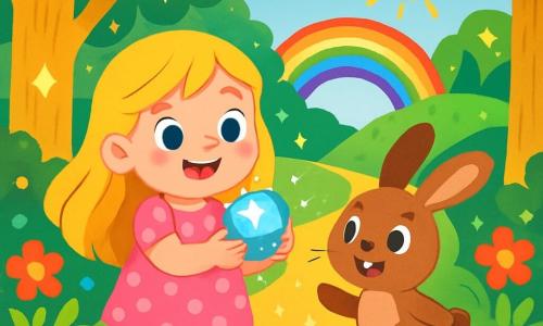 A 4-year-old girl named Lily, with long blonde hair and sparkling curious eyes, joyfully smiles while holding a bright magical stone in her hands. She wears a pink dress with white polka dots and yellow sandals, standing on a shimmering path. Beside her, an adorable rabbit named Benny, with brown fur and large ears, hops happily, his eyes shining with excitement. The setting is an enchanted forest filled with golden-trunked trees and leaves sparkling like diamonds, while colorful flowers dance around them. In the distance, a rainbow bridge connects two lush hills, illuminated by the sun. The main scene shows Lily and Benny ready to cross the rainbow bridge, their faces glowing with happiness and adventure, surrounded by the magic of the forest.