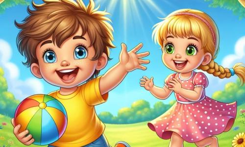 Un bambino di 2 anni, con capelli castani disordinati e occhi scintillanti di gioia, sorride ampiamente lanciando una palla colorata in aria. Indossa una maglietta gialla brillante e pantaloni corti blu, e il suo viso esprime immensa eccitazione. Accanto a lui, una bambina di 2 anni, con capelli biondi intrecciati e un bel sorriso, ride mentre aspetta di prendere la palla. Indossa un vestito rosa a pois e si tiene leggermente indietro, pronta a correre. Il luogo è un campo verde sotto un cielo blu splendente, punteggiato da fiori colorati che danzano nella leggera brezza. Alberi maestosi circondano il campo, offrendo ombra e un'atmosfera incantevole. La situazione principale mostra i bambini che giocano insieme, pieni di felicità e innocenza, condividendo un momento di puro divertimento al sole estivo, circondati dalla bellezza della natura.