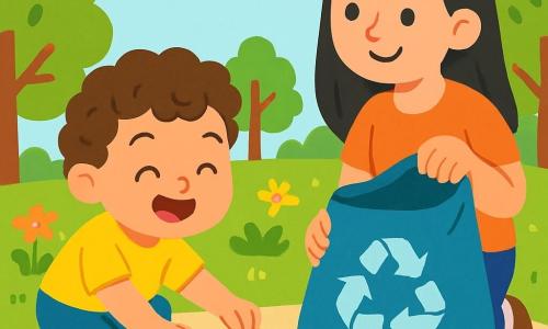 Un niño pequeño de 2 años, con cabello rizado y castaño, y una gran sonrisa alegre, recoge papeles de colores del suelo del parque. Lleva una camiseta amarilla brillante y pantalones cortos azules, y sus pequeñas manos están llenas de determinación. A su lado, su mamá, una mujer de unos 30 años, con cabello largo y negro, lo anima con una mirada orgullosa, sosteniendo una gran bolsa de reciclaje. El parque está lleno de árboles verdes exuberantes, flores brillantes y un cielo ligeramente nublado, creando un ambiente suave y pacífico. La escena principal muestra al niño y a su mamá trabajando juntos para limpiar el parque, rodeados de la belleza de la naturaleza, simbolizando la importancia de cuidar nuestro entorno.