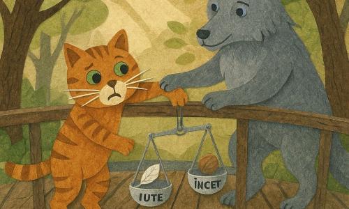 Un motan energic roșcat tigrat cu mustăți albe, ochi verzi îngrijorați dar hotărâți, atârnă de o scândură a unui pod, o labă prinsă de lemn și cealaltă întinsă; în fața lui, un lup gri cu ochi albaștri calmi și expresie blândă stă pe pod, cu o labă sub centura motanului ca să-l susțină, într-o postură protectoare; în mijlocul podului atârnă o mică leagănă argintie numită 