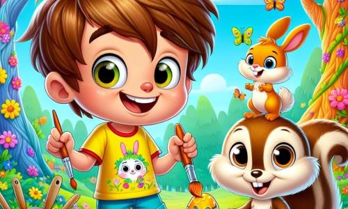 An 8-year-old boy named Oliver stands in the center of the image, with a big smile and sparkling eyes. He has messy brown hair and is wearing a bright yellow t-shirt with a rabbit design and blue shorts. Oliver is painting an Easter egg with vibrant colors, surrounded by pots of paint and brushes. Next to him, a little squirrel named Sammy, with brown fur and mischievous eyes, watches Oliver with a knowing smile. Sammy is perched on a tree branch, ready to assist him. In the background, a magical forest stretches out, filled with colorful tree trunks and bright flowers dancing in the breeze. Colorful butterflies flutter around, adding a touch of magic to the scene. The main focus shows Oliver in action, concentrating on his Easter egg, while Sammy points out a secret path to a mysterious door hidden in the bushes, promising an incredible adventure.