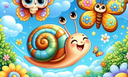 A little snail named Sammy, with a shiny spiral shell and sparkling curious eyes, joyfully floats in the blue sky, a wide smile on his face. Nearby, a beautiful butterfly with colorful wings and floral patterns dances around him, encouraging him to explore. Below, a wise owl with big round eyes and soft feathers observes the scene from a tree branch, a thoughtful look on its face. The setting is a lush garden filled with vibrant flowers, green leaves, and a sunny sky, creating a magical atmosphere. Sammy, the little snail, discovers the joy of floating in the air, realizing his dream of seeing the world from above.