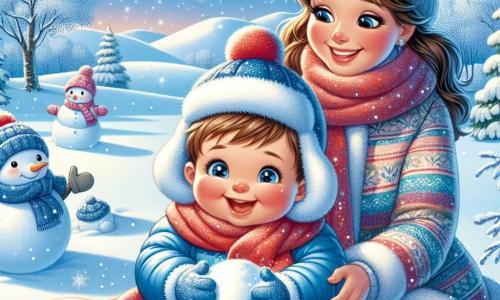 Een jongetje van 1 jaar, met roze wangen en sprankelende ogen, zit in de sneeuw en lacht luid. Hij draagt een grote blauwe overall, een rode sjaal en een schattige muts met een pompon. Zijn kleine handen zijn vol sneeuw en hij is van plan een sneeuwbal te maken. Naast hem kijkt zijn moeder, een vrouw van ongeveer 30 jaar met lang bruin haar en een warme glimlach, hem teder aan. Ze draagt een kleurrijke jas en een wollen sjaal, en ze heeft een grote sneeuwbal klaar om te gooien. De omgeving is een betoverend winterlandschap, met met sneeuw bedekte bomen, een heldere blauwe lucht en zacht vallende sneeuwvlokken. De grond is bedekt met een dikke laag ongerepte sneeuw en in de verte zijn witte heuvels te zien. De hoofdscène toont het jongetje dat vrolijk in de sneeuw speelt, lacht en een sneeuwbal maakt, terwijl zijn moeder hem aanmoedigt en een sneeuwbal voorbereidt om met hem te spelen.