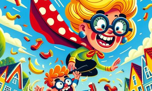 Super Suus, een blije vrouw met een stippencape en grappige brillen, vliegt lachend door de lucht met haar blonde haren wapperend in de wind. Klunsje Klaas, een onhandige jongen van ongeveer 8 jaar, glijdt op een bananenschil met grote ogen en een open mond in een komische verrassing, net onder Super Suus. De scène speelt zich af in een kleurrijke stad met huizen met heldere gevels, groene bomen en een blauwe lucht vol donzige witte wolken. In het midden van de afbeelding vliegt Super Suus over de straat, terwijl Klunsje Klaas op het punt staat te vallen, omringd door vliegende sokken die om hem heen draaien. Super Suus lacht om de komische situatie en is klaar om Klunsje Klaas te helpen opstaan terwijl ze probeert de sokken te vangen voordat ze in de soep vallen!