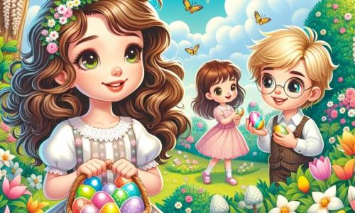 A 12-year-old girl named Lily stands in the center of the image, with wavy brown hair and sparkling curious eyes. She wears a pastel dress adorned with small white flowers and holds a wicker basket filled with colorful eggs, her face radiating joy and excitement. To her right is her friend Max, a 12-year-old boy with blonde hair and round glasses, smiling while holding a shiny egg in his hand, looking at Lily with admiration. To her left is Sarah, an 11-year-old girl with brown hair in pigtails, kneeling by a flowering bush, intrigued by a hidden egg, her expression full of enthusiasm. The setting is an enchanting garden filled with vibrant flowers, tulips, and daffodils, under a light blue sky dotted with fluffy white clouds. In the background, a majestic oak tree provides shade, and a small pond sparkles in the sunlight. The main scene shows Lily, Max, and Sarah in the midst of an Easter egg hunt, laughing and searching for colorful eggs hidden among the flowers, creating a joyful and festive atmosphere that evokes the magic of this special day.