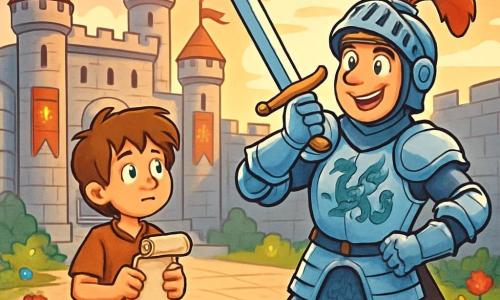 A brave knight, Sir Cedric, stands in the courtyard of the majestic Eldergate Castle. He wears shining armor adorned with dragon motifs and a helmet with a red plume. His face is determined, and his eyes shine with excitement and apprehension as he practices with his sword, the rising sun illuminating his smile. Beside him, Tomlin, a 12-year-old squire with messy brown hair, watches in admiration. He wears a simple tunic and holds a scroll, ready to deliver an important message. The courtyard is surrounded by tall stone walls, with fluttering flags and colorful flowers growing between the stones. In the distance, the sky is tinted pink and orange, heralding a new adventure. Sir Cedric, fully focused, prepares to receive a crucial mission from the Lord Regent, while Tomlin, eager, waits for instructions, his heart racing with excitement.