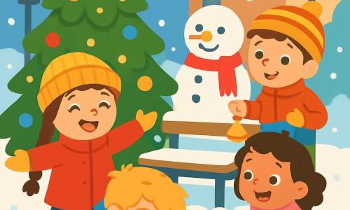 There are 4 children: - Lily: an 8-year-old girl with long braided brown hair, wearing a bright red coat, a wool hat, and yellow gloves. She is joyfully smiling with her arms open near a large Christmas tree. - Max: a 7-year-old boy with messy blond hair, dressed in a blue scarf and a green coat. He is crouched down, digging in the snow with a focused look. - Emma: a 6-year-old girl with black curls and rosy cheeks, dressed in a pink coat and purple boots. She is pointing at a spot under a bench, her eyes shining with excitement. - Tom: an 8-year-old boy with brown hair and a shy smile, wearing an orange coat and a striped hat. He is standing, holding a small golden bell in his hand, looking happy. The scene takes place in a charming snowy square, where a large Christmas tree sparkles with lights. Snowflakes gently fall, covering the ground with a thick white layer. Colorful lanterns illuminate the scene, and a smiling snowman stands next to a wooden bench decorated with a red scarf. The main situation shows the children searching for Tom's lost golden bell. They are surrounded by sparkling snow, joyfully singing Christmas carols with radiant smiles on their faces, while a gentle winter breeze makes the snowflakes dance around them.