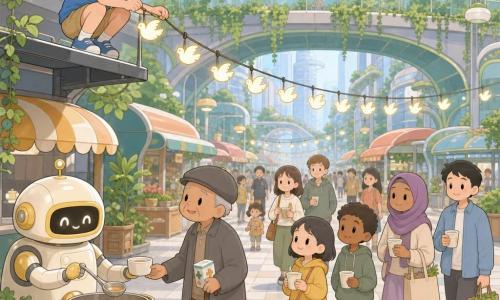 A smiling but focused 10-year-old boy with light brown crew-cut hair, blue T-shirt and khaki shorts, crouched on a metal ledge hanging dove-shaped fairy lights above an alley; beside him stands a relieved-looking ~70-year-old tan man with a wooden cane and gray coat holding a small packet of medicine; a round shiny cream-and-yellow vendor robot offers a ladle of soup by a colorful stall to the left; mixed passersby—children and adults—smile with bags and soup cups and move calmly to the right following the lights; setting: a wide glassed main street under a planted pedestrian bridge with smooth tiled ground, tall glass towers, a vine- and lantern-lined covered walkway and a pastel-lit pop-up market of small rounded booths; scene: installing a dove-light garland to guide people from the market to the garden bridge, calm orderly flow, warm collaborative, clean vegetative futuristic city.
