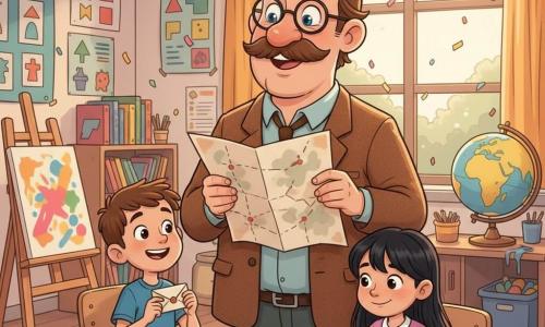 A tall schoolteacher with a warm smile, big mustache, glasses slid down his nose and sparkling blue eyes in a brown tweed jacket holds an open treasure map and points to it enthusiastically; Emma, about 8, curly blonde hair and bright eyes, stands to his right holding the map with both hands and looking excited; Max, about 8, short brown hair and a mischievous grin, stands to his left laughing and holding a small envelope; Mia, about 7, long black hair and shy but smiling, sticks a small picture onto a collage on the table in front of the group; the bright, colorful classroom has educational posters, a sunny window, a bookshelf, an old globe, an easel with canvases and paint pots, and paper garlands; the scene shows a joyful school treasure-hunt celebration with confetti and the teacher showing the map while the children gather around the collage.