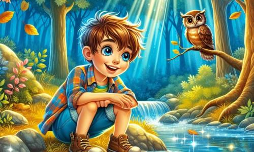 A 9-year-old boy, Oliver, stands by a sparkling river, his eyes shining with curiosity and wonder. He has messy brown hair, a bright smile, and wears a colorful plaid shirt with denim shorts. Oliver is sitting on a rock, leaning forward, observing his reflection in the water, looking thoughtful and captivated. Nearby, a wise owl with brown and golden feathers perches on a tree branch, its large, round eyes watching Oliver kindly, ready to share secrets and adding a touch of magic to the scene. The setting is an enchanted forest, with majestic trees and golden leaves dancing in the wind. Sunlight filters through the foliage, creating bright patterns on the leaf-covered ground. The vibrant blue river gently winds, reflecting the azure sky and the colorful surroundings. The main scene shows Oliver in deep contemplation, absorbed by the beauty of nature and the lessons whispered by the wind, while the owl observes him wisely, ready to impart profound knowledge about life and the importance of introspection.