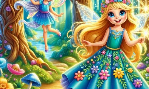 A princesa Isadora, uma menina de cerca de 10 anos, está no centro do palco, com longos cabelos dourados ao vento e olhos azuis brilhando de curiosidade. Ela usa um vestido azul vibrante adornado com flores coloridas, e seu rosto irradia excitação enquanto se prepara para entrar na floresta encantada. À sua direita, Lila, uma pequena fada com asas cintilantes, mede cerca de 15 cm de altura. Ela tem cabelos prateados e usa um vestido feito de pétalas de flores, sorrindo alegremente enquanto segura uma pequena varinha mágica que emite faíscas luminosas. Ao fundo, a floresta encantada se estende majestosa, com grandes árvores de troncos retorcidos e folhas de um verde vibrante. Flores luminosas e cogumelos coloridos pontilham o chão, enquanto um suave raio de sol filtra pelas folhas, criando uma atmosfera mágica. A cena principal mostra Isadora, determinada, prestes a atravessar uma ponte cintilante sobre um lago mágico, enquanto Lila a encoraja entusiasticamente. A atmosfera é cheia de maravilhas e aventura, capturando a essência de um conto de fadas.