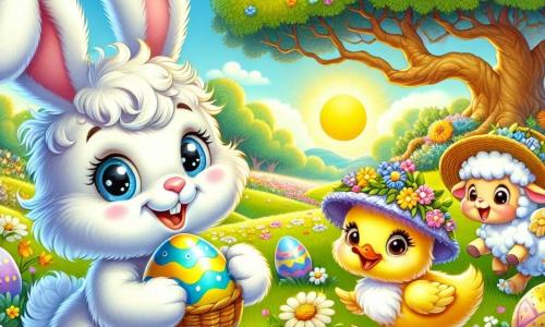 In the center of the image, Benny the rabbit, an adorable little character with fluffy white fur, sparkling blue eyes, and a big joyful smile, is jumping for joy while holding a colorful egg in his paws. Next to him, Daisy the duck, with her bright yellow feathers and a small straw hat, looks on in wonder, her round eyes shining with excitement as she points to an egg hidden in the grass. A little further away, Sam the sheep, with his curly wool and friendly face, stands laughing while holding a basket full of colorful eggs, his rosy cheeks showing his good mood. The setting is a charming wildflower field, bathed in the golden light of Easter sun, with a majestic oak tree in the background, its branches stretching out like welcoming arms. The scene depicts Benny and his friends in the middle of an Easter egg hunt, surrounded by laughter and vibrant colors, capturing the joyful and festive spirit of this special day.