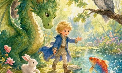 Prinz Emil (Junge, ca. 6 Jahre) mit sonnenblonden Haaren und kleinem blauem Mantel lächelt und streckt die Hand zu seinen Freunden auf einem moosigen Pfad; ein großer grüner, freundlicher Drache mit glänzenden schuppen lehnt den Kopf sanft neben ihm; ein weißes Häschen mit rosa Ohren hoppelt neugierig bei seinen Füßen; ein bunt schillernder Fisch (Blau-Rot-Gold) schwimmt sichtbar im klaren Teich rechts; eine weise Eule mit silbernen Federn sitzt auf einem niedrigen Eichenast und beobachtet die Szene; Ort: verzauberter Waldrand mit strukturierten braunen Stämmen, rosa und gelben Wildblumen, kleinem Spiegelteich und Sonnenstrahlen; Stimmung warm und farbenfroh, alle gehen zusammen, Komposition betont ihr Band, Aquarellstil mit sanften Konturen und Pastellpalette.