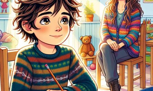 Un băiat de 10 ani, Andrei, cu părul castaniu și ochi strălucitori de curiozitate, stă la o masă din lemn într-o cameră luminoasă. Are un aer gânditor și un zâmbet ușor, ținând un creion într-o mână și un caiet deschis în fața lui, unde își scrie gândurile. Lângă el, mama sa, o femeie de aproximativ 35 de ani cu părul lung și ondulat, poartă un pulover colorat și îl privește cu tandrețe, așezată pe un scaun, cu mâinile pe genunchi. Zâmbește ușor, arătându-și sprijinul și dragostea necondiționată. În spatele lor, camera este decorată cu desene de animale și culori vii, iar o fereastră lasă să intre lumina soarelui, iluminând spațiul. Jucării sunt împrăștiate pe podea, adăugând o notă de viață mediului. Situația principală îl arată pe Andrei scriind în caietul său, exprimându-și emoțiile legate de despărțirea părinților săi, în timp ce mama sa îl încurajează cu o privire iubitoare, creând o atmosferă caldă și reconfortantă.