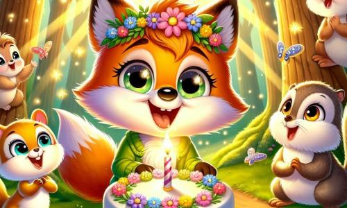 Félix, un pequeño zorro de pelaje rojo brillante y ojos llenos de curiosidad, se encuentra en un claro soleado, sonriendo mientras sopla la vela de un hermoso pastel de cumpleaños decorado con flores coloridas. A su alrededor, luciérnagas brillantes bailan en el aire, creando una atmósfera mágica, mientras una alegre ardilla con ojos vivos y pelaje marrón, que lleva una pequeña corona de flores, aplaude con entusiasmo, y un sabio búho de plumas grises, posado en una rama, sonríe amablemente sosteniendo un pequeño regalo en sus garras. El lugar es un claro verde del bosque, rodeado de majestuosos árboles con troncos gruesos y hojas de un verde brillante, donde flores silvestres de colores vivos salpican el suelo, y un suave rayo de sol filtra entre las ramas, iluminando la escena con luz dorada. La situación principal muestra a Félix, rodeado de sus amigos, celebrando alegremente su cumpleaños con risas, juegos y un delicioso pastel, ilustrando la magia de la amistad y la alegría de los momentos compartidos.