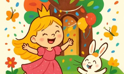 Una princesa alegre, de unos 7 años, con largos cabellos dorados y un vestido rosa brillante, baila con una gran sonrisa en su rostro. Está rodeada de confeti de colores que cae a su alrededor. A su lado, un pequeño conejo travieso, con pelaje blanco y orejas largas, lleva un pequeño sombrero de fiesta. Salta alegremente, con ojos chispeantes de travesura. Al fondo, un gran árbol mágico con hojas multicolores se abre como una puerta, revelando un interior luminoso y festivo, lleno de guirnaldas brillantes y globos. La escena transcurre en un jardín encantado, con flores brillantes y mariposas revoloteando, creando una atmósfera alegre y mágica. La situación principal muestra a la princesa Lila bailando con el conejo, celebrando una fiesta sorpresa llena de risas y magia.