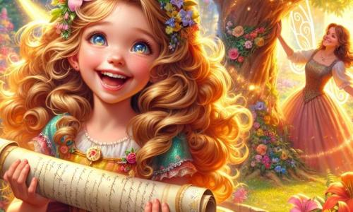 An 8-year-old girl named Lily, with beautiful curly golden hair, radiates excitement as she holds a magical letter scroll in her hands. She wears a colorful dress adorned with flowers and has stars in her eyes, showing her happiness. Next to her, a small fairy named Twinkle, with shimmering wings and a dress made of flower petals, joyfully flits through the air, adding a touch of magic to the scene. In the background, Lily's mother, a woman in her 30s with brown hair and a warm smile, watches her daughter tenderly, arms crossed, full of love and pride. The scene takes place in an enchanted garden filled with colorful singing and dancing flowers, under a bright blue sky dotted with fluffy clouds. At the center of the garden, a large tree with golden leaves provides shade, and rays of sunlight filter through the branches, creating a magical atmosphere. Lily is preparing a surprise for her mother for Mother's Day, proudly holding her magical letter scroll, while Twinkle encourages her with laughter, and the mother, moved, eagerly awaits to discover what her daughter has prepared.