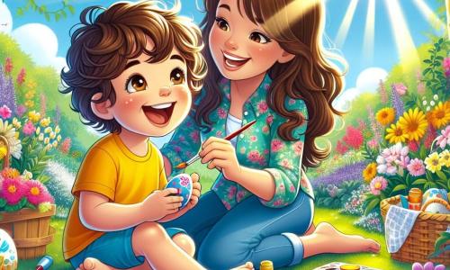 Un niño de 2 años, Lucas, con cabello castaño y rizado, grandes ojos brillantes de alegría, está sentado en el suelo rodeado de huevos de Pascua coloridos que pinta con entusiasmo. Lleva una camiseta amarilla brillante y un short azul, y su rostro irradia emoción. A su lado, su mamá, una mujer de unos 30 años con cabello largo y castaño, sonríe mientras observa a su hijo. Ella viste una blusa floral y sostiene un pincel en una mano, lista para ayudarlo a decorar un huevo. El escenario se desarrolla en un jardín soleado, lleno de flores brillantes y vegetación exuberante. Los rayos del sol filtran a través de los árboles, creando un ambiente alegre y primaveral. La situación principal muestra a Lucas y su mamá preparando huevos de Pascua, llenos de colores vivos y risas, mientras se divierten juntos creando recuerdos inolvidables.
