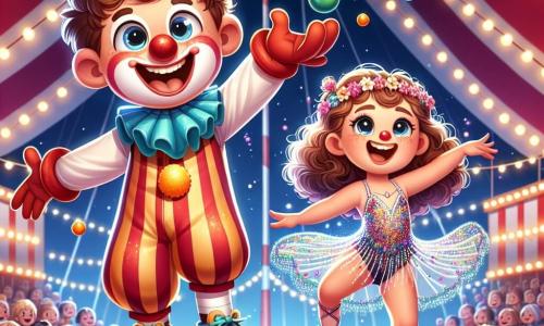 Ein 8-jähriger Junge mit kastanienbraunen Haaren und funkelnden Augen trägt ein buntes Clownskostüm mit einer großen roten Nase und riesigen Schuhen. Er jongliert fröhlich mit bunten Bällen und hat ein breites Lächeln im Gesicht. Neben ihm steht ein 7-jähriges Mädchen mit lockigem Haar und einem kleinen Blumenkranz, das eine junge Akrobatin ist. Sie macht einen eleganten Sprung, ihre Arme ausgebreitet wie Flügel, gekleidet in ein glitzerndes Kostüm, das im Zirkuslicht strahlt. Der Hintergrund ist ein großes Zirkuszelt mit roten und weißen Streifen, voller bewundernder Zuschauer. Glühende Lichter funkeln über ihnen, und die Luft ist gefüllt mit dem süßen Geruch von Zuckerwatte und Popcorn. Die Szene zeigt den Moment, in dem der Junge und das Mädchen gemeinsam auftreten und das Publikum mit ihren Talenten fesseln, umgeben von Lachen und Applaus, was eine festliche und magische Atmosphäre schafft.