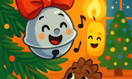 A cheerful little silver bell with a shiny red bow hangs from a branch of a large Christmas tree. The bell has a smiling face and sparkling eyes, singing joyfully. Next to it, a small flame-shaped candle glows softly with a warm golden light, displaying a friendly and happy expression. Below, a cute brown pine cone gazes at the bell with admiring eyes, feeling happy and comforted. The setting is a cozy room filled with twinkling lights and colorful decorations, with a majestic tree at the center, surrounded by gently falling snowflakes outside. The main scene shows the bell singing a sweet Christmas melody, creating a magical and joyful atmosphere, while the candle and pine cone gather around it, sharing a moment of happiness and friendship.