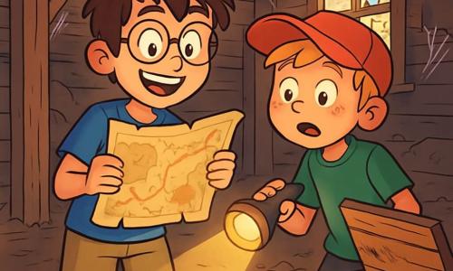 There are two main characters: Sam, a 12-year-old boy with messy brown hair and round glasses, wearing a blue t-shirt and beige shorts, holding an old treasure map and smiling with excitement; and Jake, a 12-year-old boy with blond hair and freckles, wearing a red cap and a green t-shirt, looking at Sam with wide eyes while holding a flashlight ready to light their way. The main setting is an old abandoned mill with weathered wooden walls, broken windows letting in beams of golden light, and cobwebs in the dark corners. The floor is covered in dust and debris, and a creaking wooden trapdoor reveals a staircase leading to a mysterious cellar. The main situation shows Sam and Jake standing in front of the open trapdoor, their faces illuminated by the flashlight's light, filled with excitement and anticipation, ready to descend into the darkness in search of hidden treasure, with determined expressions and racing hearts.