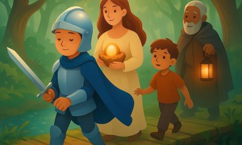 Sir Rowan, a young knight in a shining silver helmet with lowered visor and a calm, kindly expression, holds a gleaming sword and gently parts brambles while his deep-blue cloak billows; Lady Clara, about 20, in a cream dress stands just behind him near the middle of the moss-covered wooden bridge holding a small golden wicker nest with a glowing egg to her chest; Pip, about 10, small and lively with light brown hair, watches the knight admiringly and steps cautiously on the planks slightly behind Clara; Old Thomas, about 65, in a worn cloak carries an iron lantern lighting the cracked wood and brings up the rear. The setting: an ancient mossy bridge over a sparkling river in the Forest of Whispers with twisted trunks, emerald leaves and filigree shadows and sunbeams piercing the canopy. Main situation: a tense crossing of a rickety bridge in a mysterious forest, softly reassuring mood despite danger, warm colors, gentle contrasts and sharp details (cracked planks, water drops, metallic helmet texture, wicker weave).