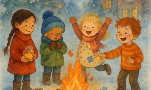 Vier kinderen van 6 jaar: Noor, lang bruin haar in een glanzende vlecht, warme rode jas, links, houdt een klein glazen potje met gouden papiertjes en lacht; Finn, blond onder een dikke blauwe muts, groene jas, rechts van Noor, kijkt naar het vuur en houdt zijn muts vast; Zoë, krullend blond, gevlekt jurkje en roze sjaal, midden voor het vuur, half aan het springen met opgeheven handen en blije uitstraling; Sem, rood haar met sproeten, oranje gestreepte trui, rechts in de kring, gooit lachend een papiertje in de vlammen. Plaats: besneeuwd dorpspleintje bij schemer, bakstenen huizen met verlichte ramen, met sneeuw bestrooide dennen en kleurige papieren lantaarns, licht bevroren grond. Situatie: de kinderen staan in een kring rond een laag, warm kampvuur waar gekleurde papiertjes branden en zilvergrijze rook kringelt, er hangt een zachte, feestelijke sfeer met dampende chocoladebekers bij laarzen, papieren versiering en glitters op een houten tafel; kleuren: warme aquarel voor het vuur (oranje, rood), koude tonen voor de omgeving (bleekblauw, grijs, sneeuwwit) en felle accenten in de kleding (rood, blauw, roze, oranje).