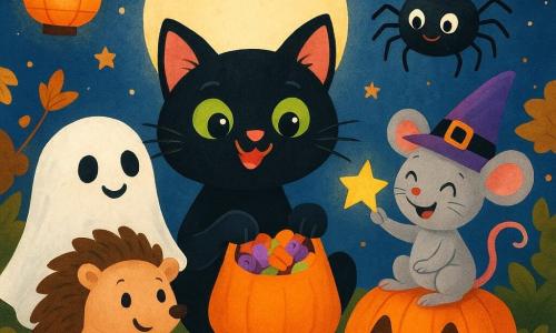 Whiskers, a small black cat with sparkling green eyes, sits in the center of a garden illuminated by orange lanterns and smiling pumpkins. She looks joyful and curious, filling bags with colorful candies using her tiny paws. Next to her, Hedgehog, a brown-spiked hedgehog, wears a white sheet pretending to be a ghost, with a mischievous smile. He is just to her left, eagerly looking at the bags. Squeaky, a small gray mouse with a wizard hat, perches on a pumpkin, laughing and holding a shiny star. Spike, a long-legged black spider, hangs from a web dressed as a pirate with a small leaf hat, watching the scene with a sly expression. The garden is adorned with garlands of golden leaves, twinkling lanterns, and a large full moon illuminating the night. The main scene shows the friends gathered, ready to share stories and treats under a starry sky, filled with joy and excitement for their Halloween celebration.