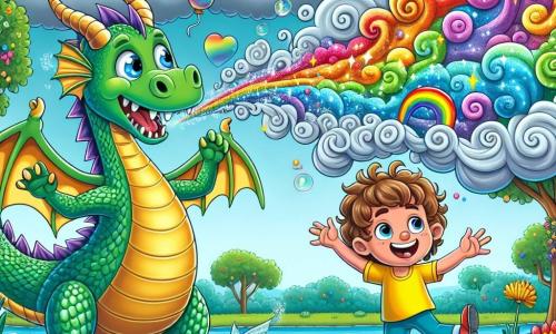 Un dragon numit Fumegător, cu solzi verzi strălucitori și ochi jucăuși, suflă nori de fum colorat în aer, creând curcubee de fum. Zâmbi, un băiat de 8 ani cu părul creț și un tricou galben strălucitor, dansează energic lângă el, râzând de bucurie. Se află pe malul unui lac strălucitor, înconjurat de flori colorate și copaci mari cu frunze strălucitoare, sub un cer albastru deschis cu nori pufoși. Scena reprezintă celebrarea prieteniei lor, cu bule de bucurie și baloane colorate în jur, creând o atmosferă festivă și magică.