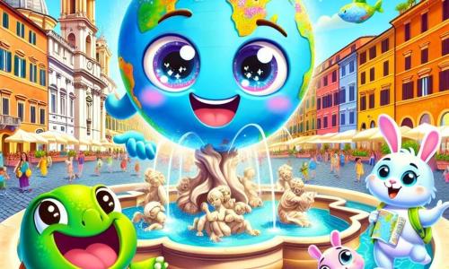 Globi, um globinho colorido com um sorriso alegre e olhos brilhantes, flutua no ar, cercado por mapas e pequenas nuvens, expressando grande excitação ao descobrir a beleza de Roma. Ao seu lado, Tina, uma pequena tartaruga verde com uma carapaça decorada com padrões florais, observa ao seu redor com admiração, seus olhos brilhando de curiosidade, enquanto segura um mapa da cidade com suas patas. Roger, um coelhinho travesso com grandes orelhas brancas, salta alegremente, seu rosto radiante de felicidade, enquanto aponta para uma magnífica fonte. A cena acontece na Piazza Navona, uma praça movimentada de Roma, cercada por edifícios históricos de fachadas coloridas, com artistas de rua e famílias aproveitando o sol. No centro, uma majestosa fonte adornada com esculturas de água jorra, adicionando um toque mágico à atmosfera festiva. Globi e seus amigos estão em busca de uma pintura perdida, cheios de entusiasmo e aventura, prontos para explorar cada canto desta cidade fascinante.