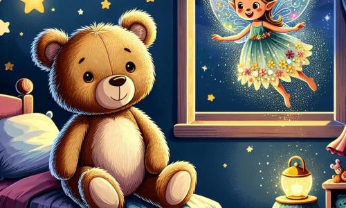 Een kleine teddybeer met zachtbruine vacht en ronde, glanzende ogen zit op een knus bed met een bezorgde uitdrukking op zijn gezicht. Hij kijkt om zich heen, zijn kleine pootjes tegen zijn lichaam gedrukt, alsof hij bang is voor het donker. Naast hem zweeft een klein, stralend elfje met glinsterende vleugels en een jurk van bloemblaadjes vrolijk in de lucht. Haar gezicht straalt en is geruststellend, en ze glimlacht naar de beer om hem te troosten, terwijl ze de kamer verlicht met haar zachte licht. De scène speelt zich af in een warme kinderkamer met nachtblauwe muren, versierd met zwak schitterende gouden sterren. Een sterrenhemel is zichtbaar door een open raam en kleurrijke speelgoedjes liggen verspreid op de vloer. In deze situatie krijgt de beer, die een beetje bang is voor de duisternis, steun van het stralende elfje dat hem laat zien dat het donker magisch en troostend kan zijn, waardoor zijn angst verandert in verwondering.