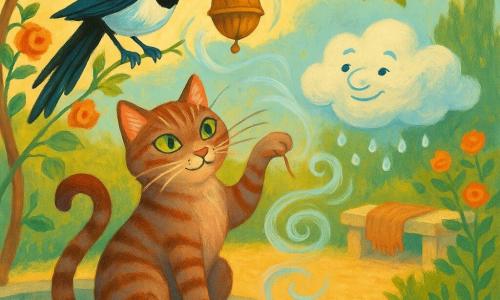 Lino, un gato atigrado sereno y travieso de ojos verdes y pelaje rojizo y gris, sobre el borde de una fuente de piedra con una pata levantada y la cola en S; Brina, una urraca de plumaje blanco y negro con reflejos azules, posada en una rama de vid con un ala ligeramente abierta; el Duque del Rocío, una pequeña nube baja y translúcida con gotas de rocío colgando como perlas, flotando junto a una campanilla hecha de cáscaras de nuez; el Señor Aire, un torbellino diáfano que envuelve la campanilla trayendo una brisa suave; jardín cerrado y antiguo con fuente seca y sapo tallado, camino de grava pálida, banco de piedra con manta de lana, rosales y vid formando un arco; la brisa hace tintinear la campanilla, las hojas se estremecen, brotes emergen y las gotas de rocío brillan, atmósfera de suave despertar en colores cálidos de mañana (amarillo pálido, verde tierno, toques óxido y azul cielo), estilo pintura acrílica detallada con texturas visibles.