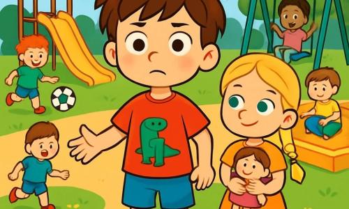 Emil, ein 6-jähriger Junge mit zerzausten braunen Haaren und neugierigen Augen, steht entschlossen und etwas besorgt in der Mitte eines sonnigen Spielplatzes. Er trägt ein rotes T-Shirt mit einem Dinosaurier und eine blaue Shorts. Neben ihm steht seine beste Freundin Lina, ein 6-jähriges Mädchen mit geflochtenen blonden Haaren und blauen Augen, die Emil ermutigend anlächelt und eine Puppe in den Armen hält. Der Spielplatz ist mit bunten Spielgeräten gefüllt: einer gelben Rutsche, grünen Schaukeln und einer großen goldenen Sandkiste. Kinder spielen herum, einige mit Bällen, andere mit Spielzeug. Emil schlägt entschlossen vor, dass seine Kameraden zusammen ein neues Spiel spielen, bei dem jeder sein Lieblingsspielzeug auswählen kann, egal ob Puppen oder Autos, damit alle gemeinsam Spaß haben.