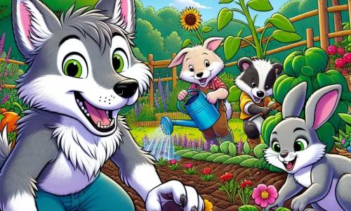 Ein junger Wolf namens Finn mit weichem grauem Fell und neugierigen Augen steht im Mittelpunkt des Bildes und lächelt fröhlich, während er Blumenkerne in einen sonnigen Garten pflanzt. Neben ihm gräbt Lila, ein kleiner Hase mit großen weißen Ohren und glänzenden Augen, begeistert die Erde und zeigt einen entschlossenen Ausdruck. Max, ein dicker Dachs mit braunem Fell und robusten Pfoten, gießt die Pflanzen mit einer Gießkanne und lächelt zufrieden. Der Garten ist üppig, gefüllt mit bunten Blumen, leuchtendem Gemüse und großen Sonnenblumen, die sanft im Wind wiegen. Im Hintergrund säumen majestätische Bäume den Garten, und der Himmel ist leuchtend blau mit flauschigen weißen Wolken. Die Szene strahlt eine Atmosphäre von Kameradschaft und Glück aus und zeigt Teamarbeit und die Freude des Sommers.