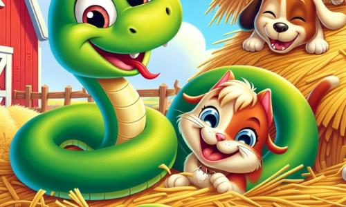 Een blije slang genaamd Sammy, met een glanzende groene huid en sprankelende ogen, ligt op een grote hoop hooi te lachen. Naast hem springt een kleine, zachte, rode kat, Mia, in het hooi, met ondeugende ogen. Niet ver weg staat een grote bruine hond, Max, met een hangende tong en een vriendelijke glimlach, klaar om zich bij het feest te voegen. Op de achtergrond is er een kleurrijke boerderij met een rode schuur en een stralende blauwe lucht vol donzige wolken, wat een vrolijke sfeer creëert. De scène toont Sammy en zijn vrienden die hooi in de lucht gooien, lachend en samen plezier makend, terwijl het hooi als gouden sneeuw om hen heen valt.