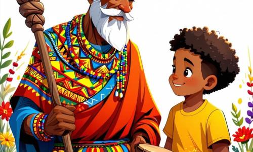 Kofi, un bărbat în vârstă cu o barbă lungă albă ca zăpada, poartă o tunică colorată împodobită cu motive africane vibrante. Fața lui exprimă înțelepciune și liniște, în timp ce ține un baston din lemn sculptat, înconjurat de flori strălucitoare. Lângă el, un băiat de zece ani, cu părul creț și ochi strălucitori, îl observă pe Kofi cu admirație, ținând un tambur din lemn. Decorul se desfășoară lângă un pârâu strălucitor, unde apa limpede dansează pe pietrele netede, iar copacii măreți cu frunze verzi oferă umbră. Flori sălbatice cu culori strălucitoare marginesc calea, creând o atmosferă veselă și primitoare. Situația principală îl arată pe Kofi explicând copiilor din sat importanța armoniei între tradiții, în timp ce băiatul bate ritmul pe tambur, invitând ceilalți copii să danseze în jurul lor, creând o scenă plină de viață și culori.