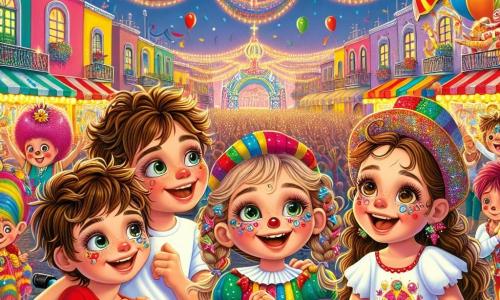 Quattro bambini, due ragazzi e due ragazze, si trovano al centro di una scena di carnevale colorata. Luca, un ragazzo di 8 anni con i capelli castani in disordine e una maglietta rossa, sorride con meraviglia. Alla sua destra, Sara, una ragazza di 7 anni con i capelli biondi intrecciati, indossa una maschera di carnevale scintillante e balla gioiosamente. A sinistra, Tommaso, un ragazzo di 9 anni in sedia a rotelle, ha gli occhi scintillanti di gioia e indossa un cappello da clown colorato. Infine, Giulia, una ragazza di 6 anni con riccioli bruni, tiene una bacchetta magica e guarda gli altri con un grande sorriso. Lo sfondo è una piazza animata, decorata con ghirlande di luci multicolori, palloncini fluttuanti e stand di dolci. La scena principale mostra i bambini affascinati da un mago con un grande cappello, che ha appena fatto apparire una colomba bianca. Sono catturati dalla magia e dall'amicizia che li unisce, pronti a scoprire il segreto del carnevale.