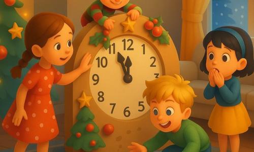 Hay cuatro personajes: Ana, niña de 8 años con trenza y vestido rojo de lunares, a la izquierda del sofá tocando un gran reloj de cartón; Lucas, niño de 9 años con pelo rubio y jersey verde, agachado junto a una bandeja de galletas frente al reloj; Sofía, niña de 7 años con pelo corto negro y diadema azul, falda amarilla, a la derecha del sofá con ojos abiertos y manos en la boca; y el Duende Travieso, pequeño de unos 30 cm con piel rosada, gorro puntiagudo rojo y verde, ropa a rayas y sonrisa pícara, escondido detrás del reloj con una mano en las agujas. Lugar: salón acogedor decorado para Navidad con suelo de madera claro, alfombra geométrica, guirnaldas luminosas, árbol a la izquierda con bolas rojas y estrellas doradas y ventana con nieve afuera; una gran reloj de cartón decorado en el centro. Situación: los niños sorprenden al duende moviendo las agujas del reloj; luz cálida, expresiones de sorpresa y alegría, galletas volteadas y pequeñas huellas en el suelo, ambiente festivo y travieso.