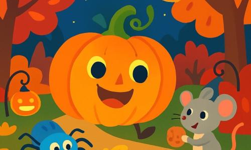 Al centro dell'immagine, una grande e gioiosa zucca di nome Piuma, con un sorriso splendente e occhi rotondi e maliziosi, danza su un sentiero bordato di foglie dorate. Accanto a lei, un piccolo ragnetto blu di nome Bluino, con zampe delicate e un'aria birichina, salta felice da una foglia all'altra. Più lontano, un piccolo topo grigio, Tim, tiene un biscotto tra le sue zampette, mentre la talpa Gina osserva la scena con un sorriso meravigliato. Lo sfondo è una deliziosa foresta autunnale, con alberi dalle foglie rosse e dorate e un cielo stellato che brilla sopra. Piuma e i suoi amici ballano e ridono insieme, celebrando gioiosamente la notte di Halloween, circondati da dolcetti e luci scintillanti, pronti per un'avventura indimenticabile.