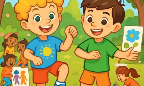 An 8-year-old boy, Leo, with curly golden hair, joyfully smiles, his eyes sparkling with curiosity. He wears a bright blue t-shirt with a sun pattern and red shorts, dancing enthusiastically on a playground. Next to him, Max, an 8-year-old boy with smooth brown hair, wears a green t-shirt and white sneakers, showing dance moves with a big smile on his face. In the background, a group of children of different backgrounds, boys and girls, are having fun together, some painting colorful posters on equality, while others play games. The location is a sunny park, filled with greenery, flowering trees, and balloons floating in the air. The main scene shows Leo and Max celebrating diversity and equality, surrounded by friends in a joyful and festive atmosphere.