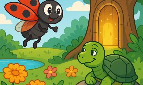 A ladybug named Lila, with bright red wings dotted with small black spots, joyfully flies in a sunny garden, her eyes sparkling with curiosity and wonder. Next to her, a wise old turtle named Terrence, with a shiny green shell and deep wrinkles, watches her with a kind smile, sitting on a rock covered in soft moss. The garden is filled with colorful flowers, golden marigolds, and giant sunflowers, while a small pond sparkles in the distance, surrounded by vibrant green leaves. Lila discovers a magical door in the trunk of a large oak tree, illuminated by a golden light, ready to venture into an enchanted world.