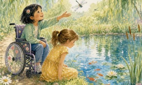 Two girls by a small circular pond: one about eight with light brown hair in a ponytail wearing a yellow polka-dot dress sits on green grass by the water leaning to watch orange fish; the other about nine in a wheelchair with short black hair and a floral clip, a light green jacket and a flower-decorated seat sits beside her smiling and reaching toward a hovering dragonfly; the pond is surrounded by tall grasses and weeping willows, clear blue-green water with white water lilies, reeds and dragonflies on the surface, a beige dirt path edged with daisies and clover; springtime, soft luminous mood in a pastel palette and delicate watercolor strokes with visible paper texture.